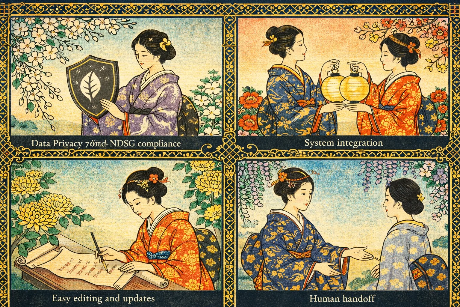 Illustrazione ukiyo-e con quattro figure eleganti che rappresentano i criteri per scegliere il chatbot giusto — privacy dei dati, integrazione, aggiornamenti facili e trasferimento a operatore umano