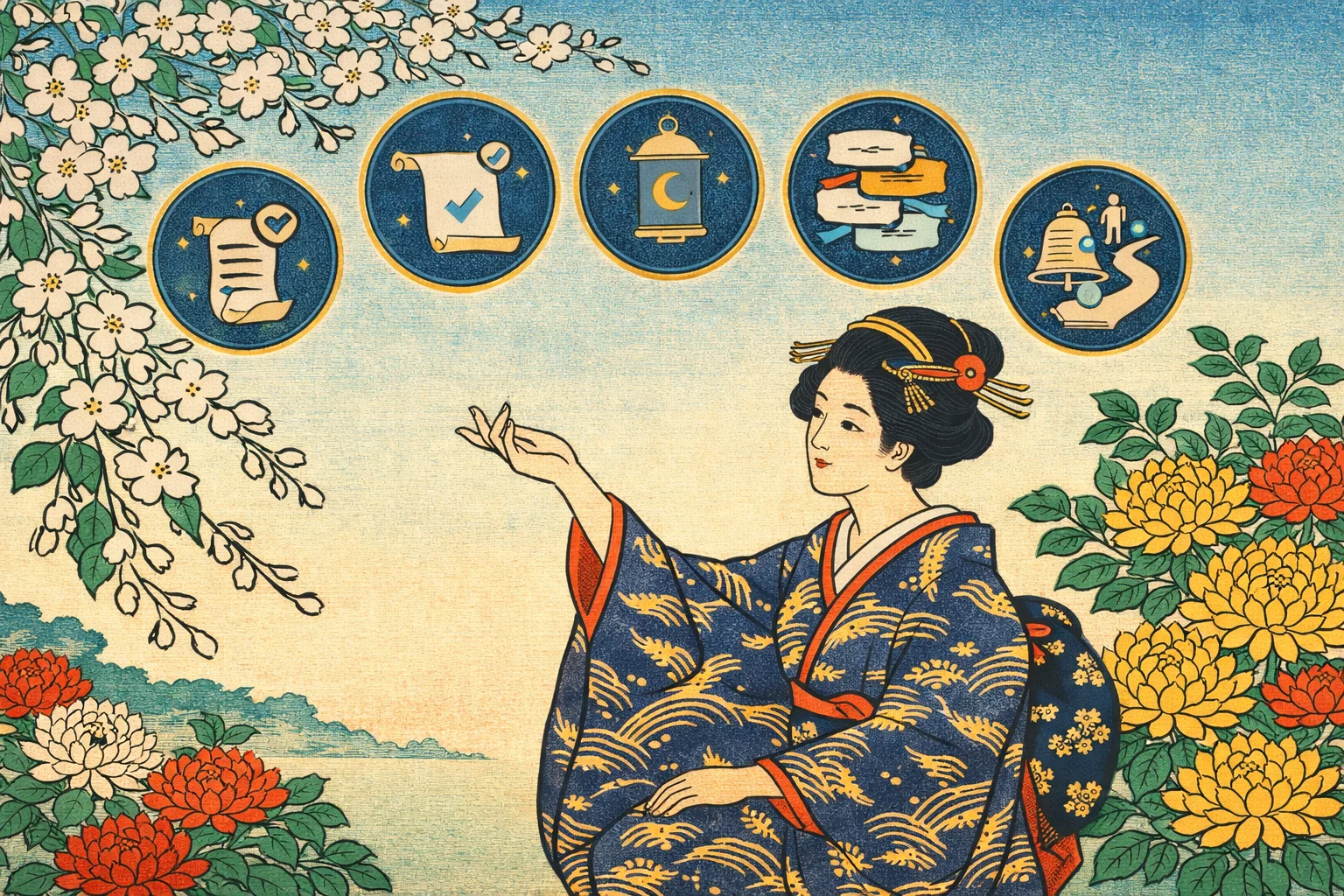 Illustrazione ukiyo-e che mostra cinque funzioni del chatbot AI come medaglioni decorativi — prenotazione appuntamenti, servizio fuori orario, supporto multilingue, promemoria automatici e triage pazienti