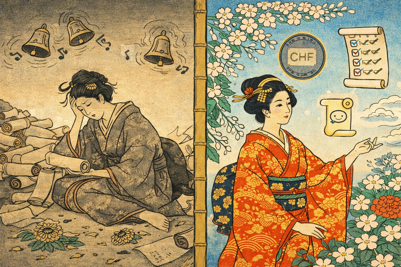 Dittico ukiyo-e che mostra prima e dopo l'implementazione di un chatbot AI in una clinica svizzera — receptionist sopraffatta a sinistra, calma ed efficiente a destra