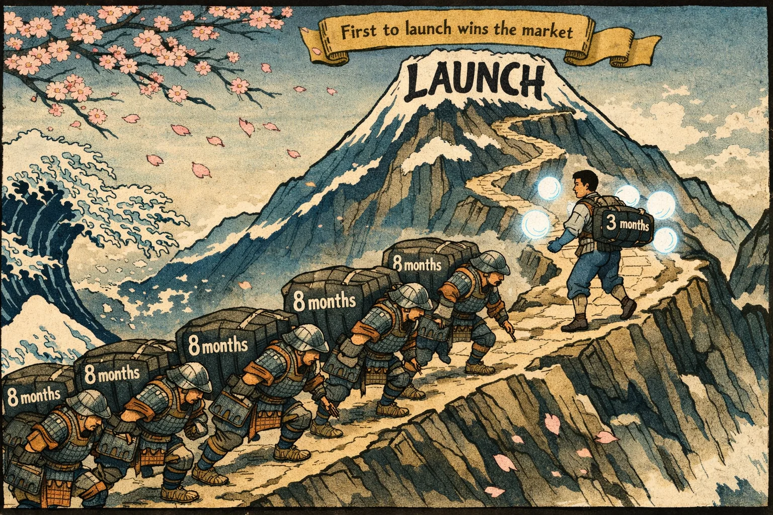 Corsa di montagna Ukiyo-e giapponese con dieci sviluppatori in armatura al segno degli 8 mesi versus uno sviluppatore potenziato dall'IA vicino alla vetta a 3 mesi con sfere spirito IA