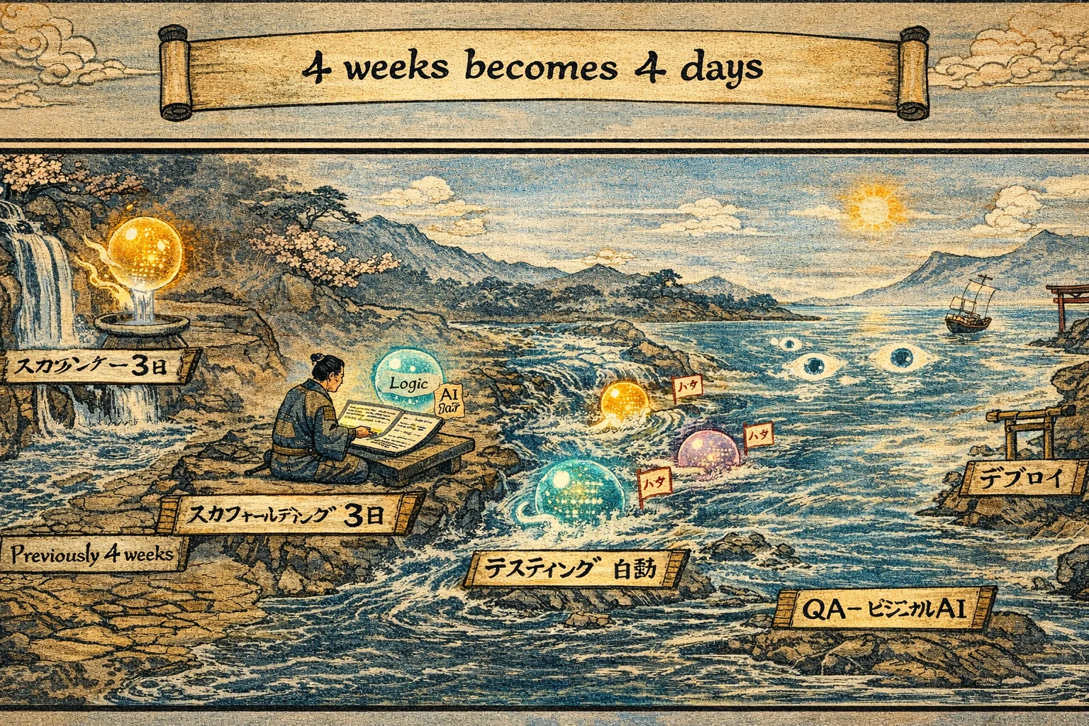 Rotolo panoramico Ukiyo-e giapponese che mostra cinque fasi del workflow IA dallo scaffolding al deployment, ognuna con timeline vecchia versus nuova — quattro settimane diventano quattro giorni