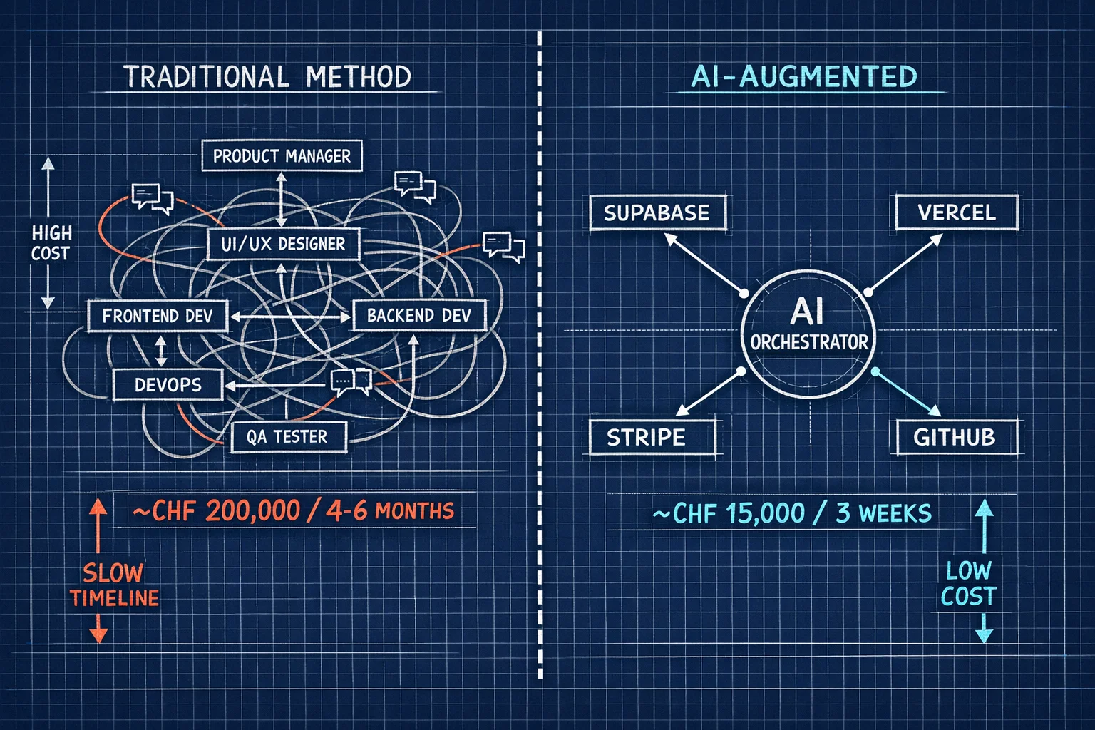 Confronto in planimetria ingegneristica: sviluppo SaaS svizzero tradizionale (5-7 specialisti, CHF 200k, 4-6 mesi) a sinistra vs modello architetto aumentato da IA (1 persona, meno di CHF 15k, 3 settimane) a destra