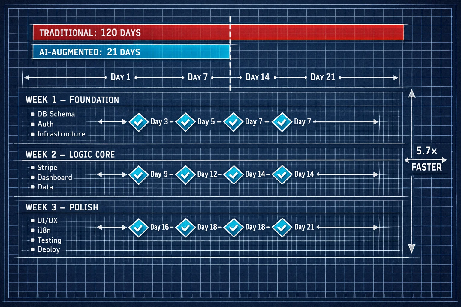 Timeline in planimetria ingegneristica dello sprint SaaS di 21 giorni: Settimana 1 fondazione e architettura, Settimana 2 fatturazione e nucleo logico, Settimana 3 rifinitura e deployment