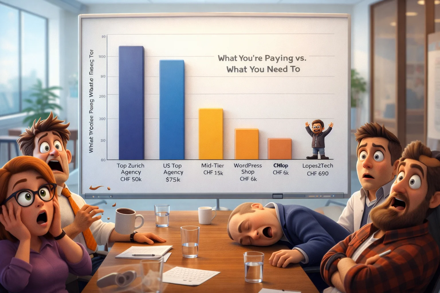 Grafico a barre Pixar 3D che mostra i prezzi delle agenzie globali — la barra CHF 690 di Lopes2Tech minuscola rispetto a tutti i concorrenti mentre un personaggio esulta in cima