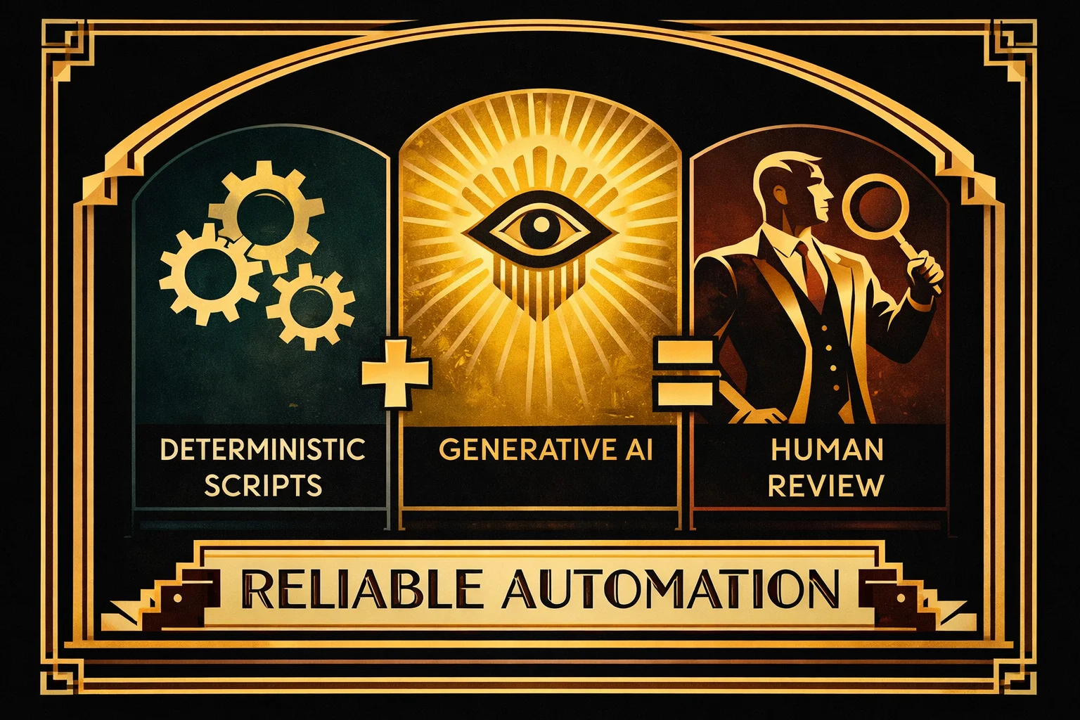 Trittico Art Déco con la formula di automazione: Script deterministici + IA generativa + Revisione umana = Automazione affidabile