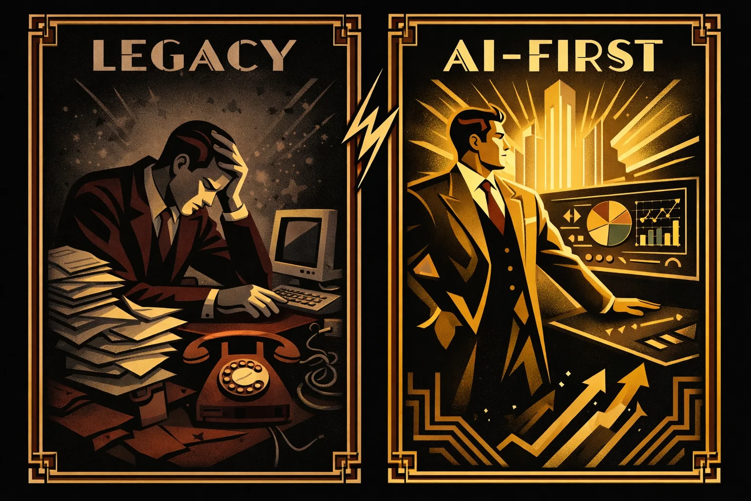 Dittico Art Déco: a sinistra il mondo legacy con scrivania sovraffollata, a destra il mondo IA-first con dashboard moderno