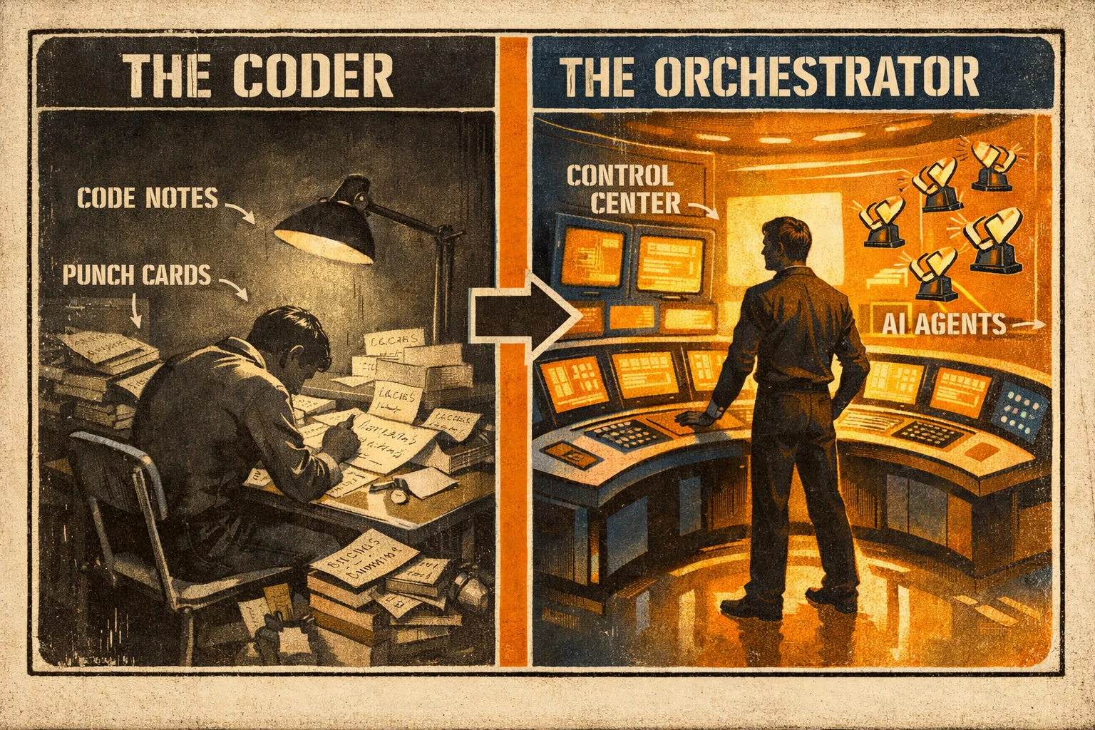 Centre de contrôle NASA montrant la transition du codeur solitaire vers l'orchestrateur IA