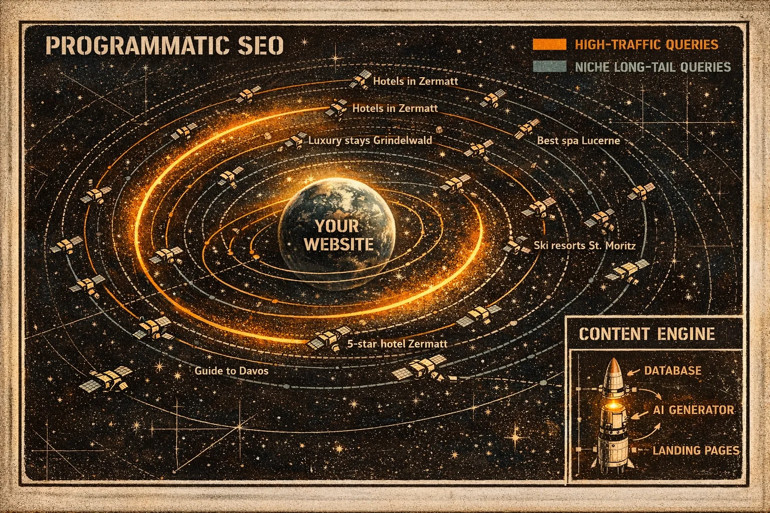 Carte orbitale NASA montrant le SEO programmatique comme système solaire avec satellites de mots-clés