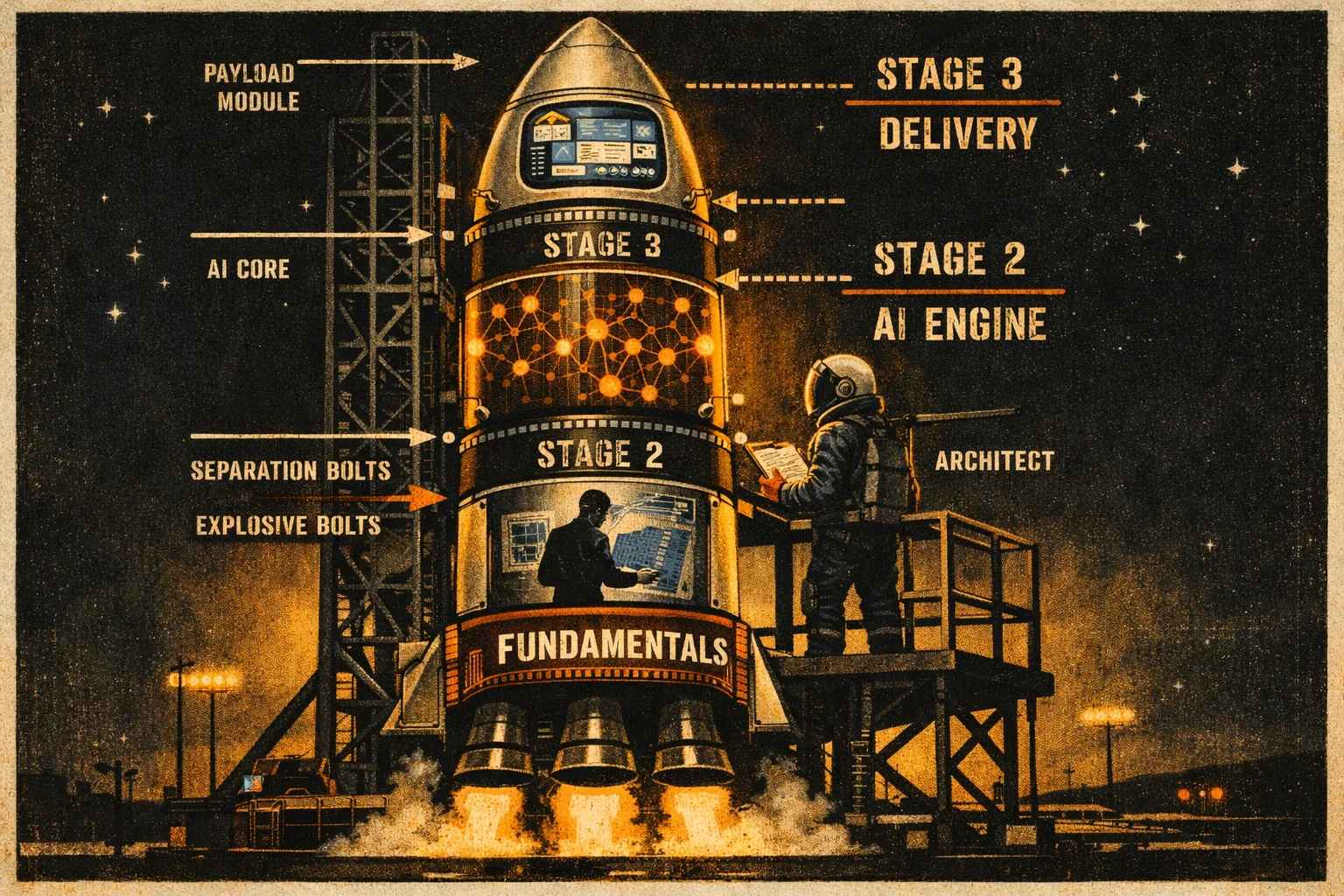 Coupe transversale Saturn V de la NASA montrant la stack de développement IA comme fusée à trois étages