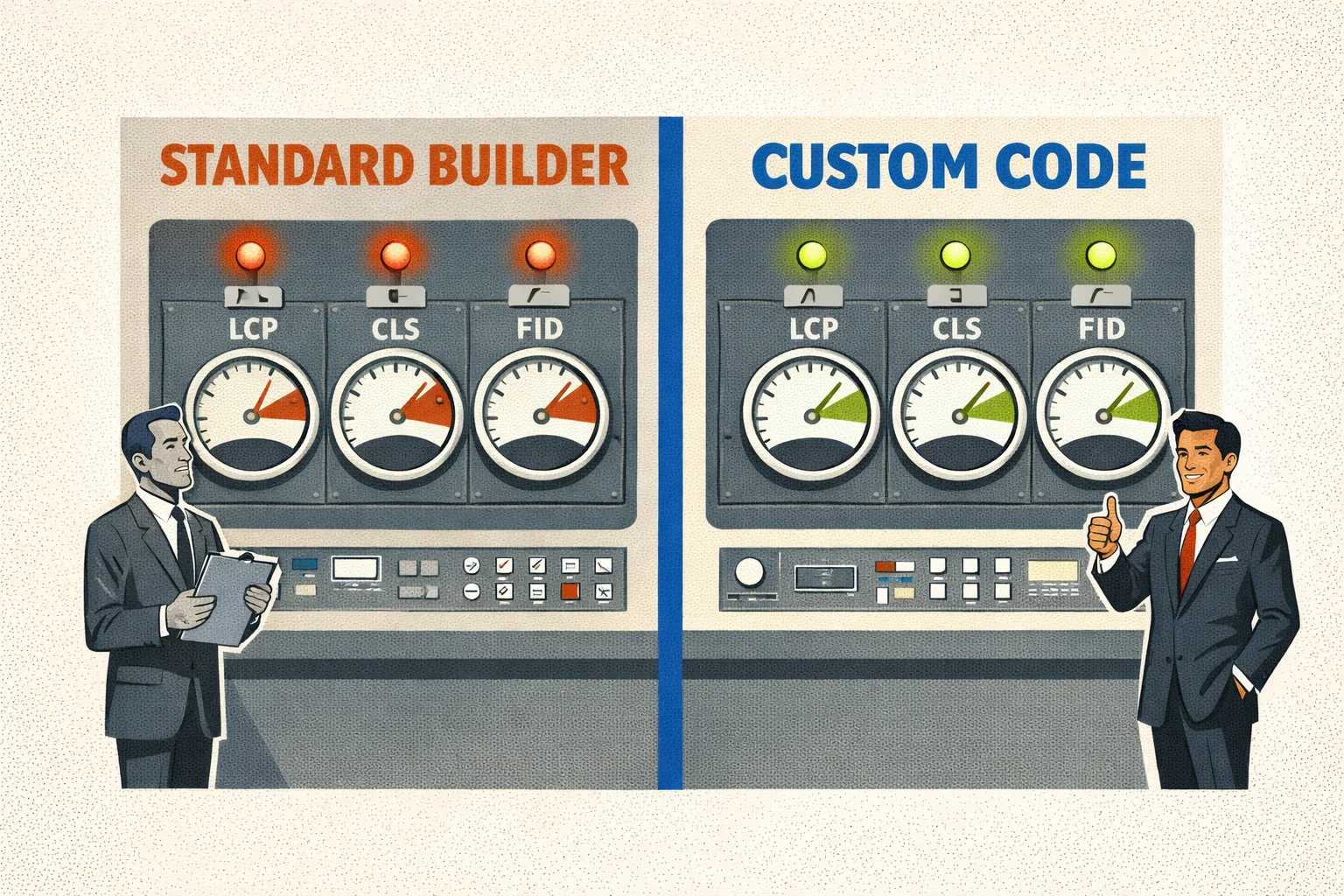 Pannello di controllo anni '60 che mostra i Core Web Vitals nel rosso per i builder e nel verde per il codice personalizzato