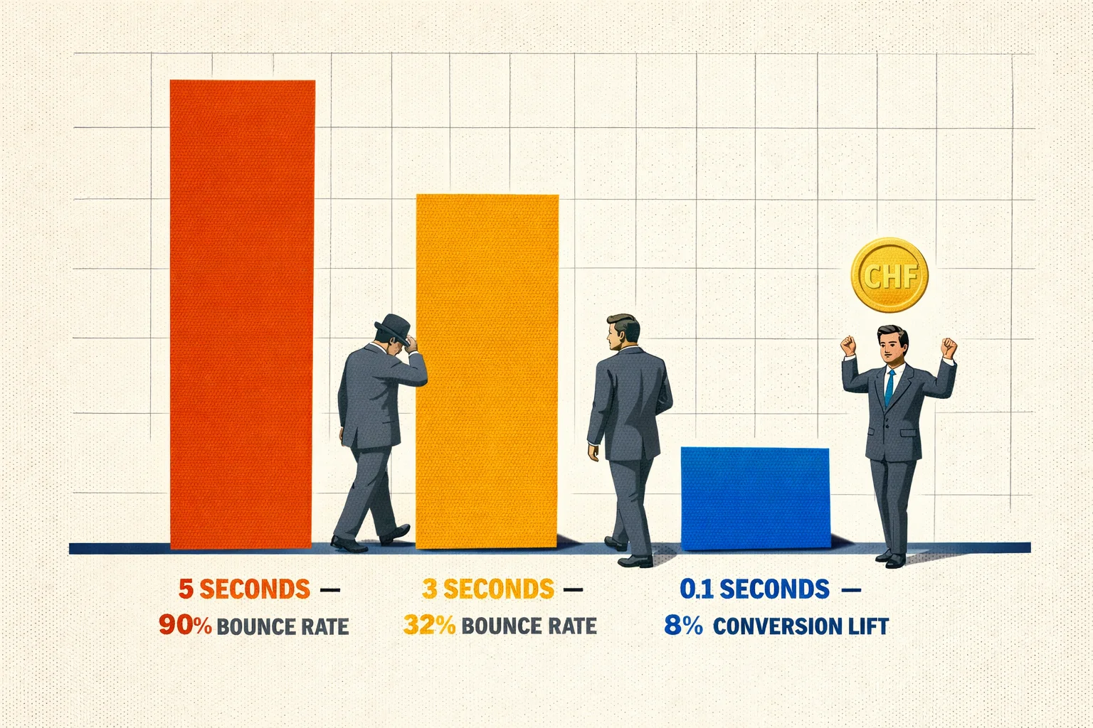 Grafico retrò che mostra i tassi di rimbalzo a 5 secondi (90%), 3 secondi (32%) e 0,1 secondi (aumento conversioni 8%)