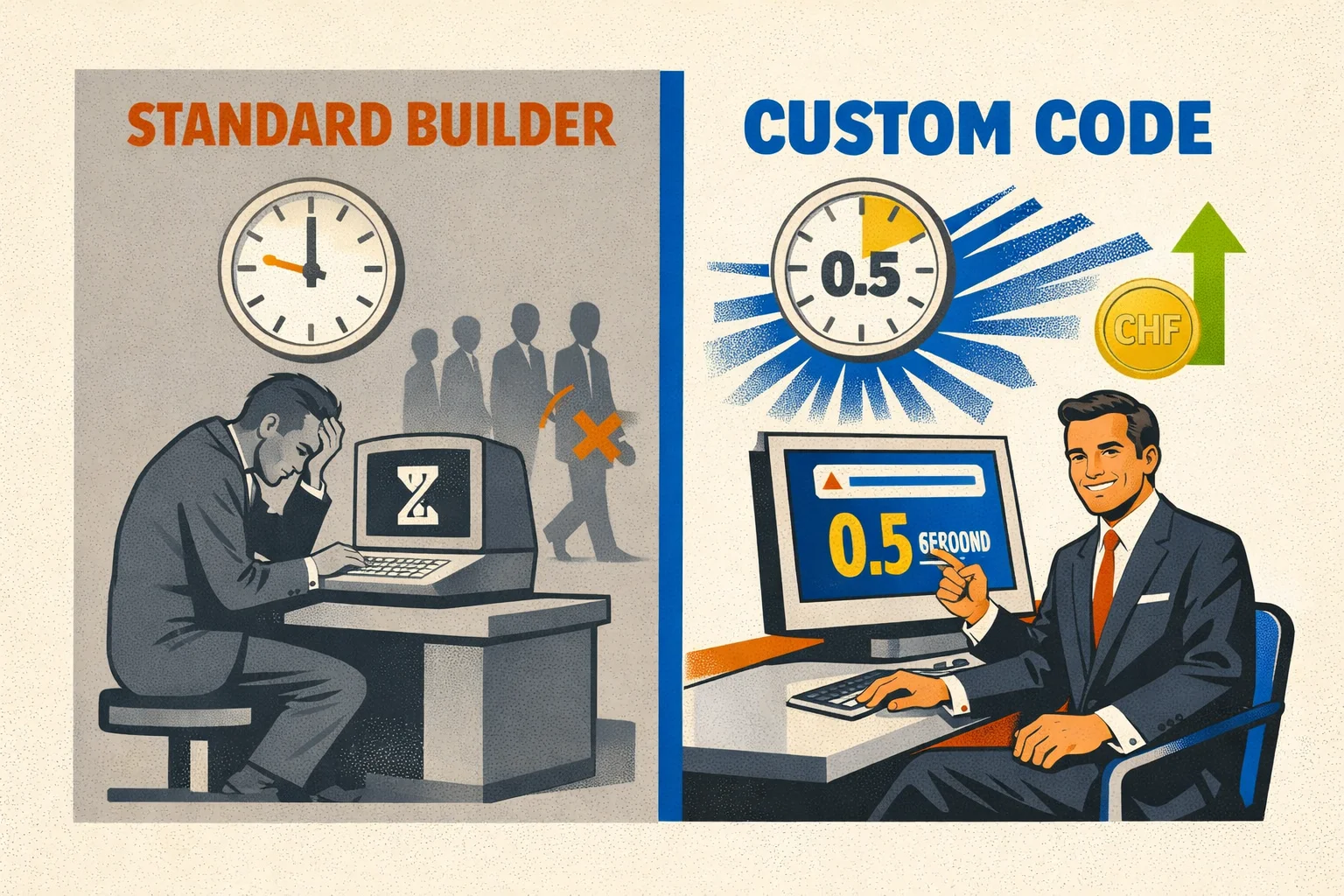 Illustrazione IBM anni '60 che mostra una figura frustrata su un builder (3-6s) vs una figura sicura con codice personalizzato (0.5s)