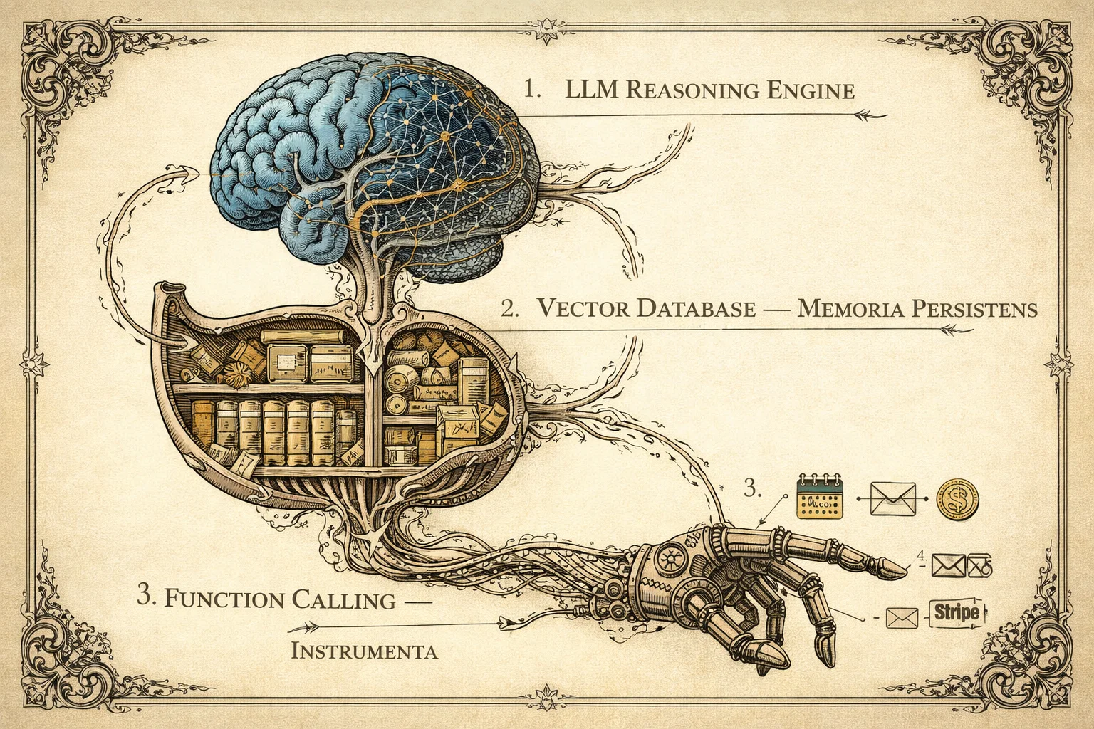 Gravure scientifique victorienne montrant l'architecture d'un agent IA avec LLM, base vectorielle et appels de fonctions comme organes anatomiques