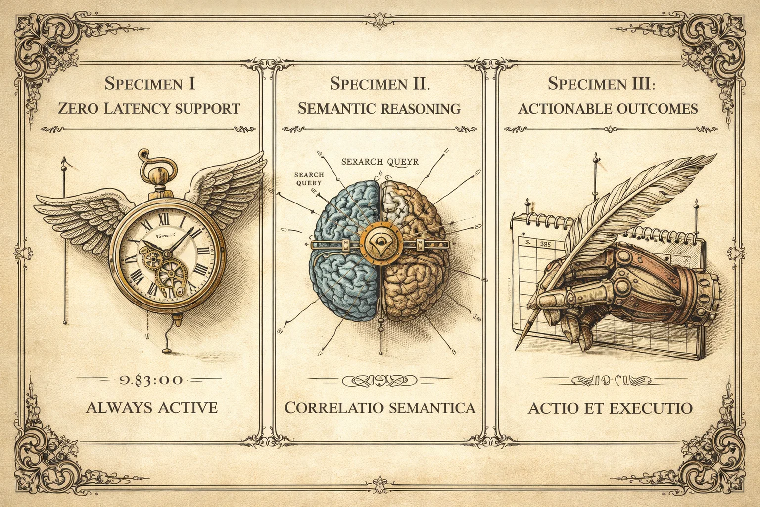 Planche d'histoire naturelle victorienne montrant trois capacités d'agent IA comme spécimens anatomiques montés