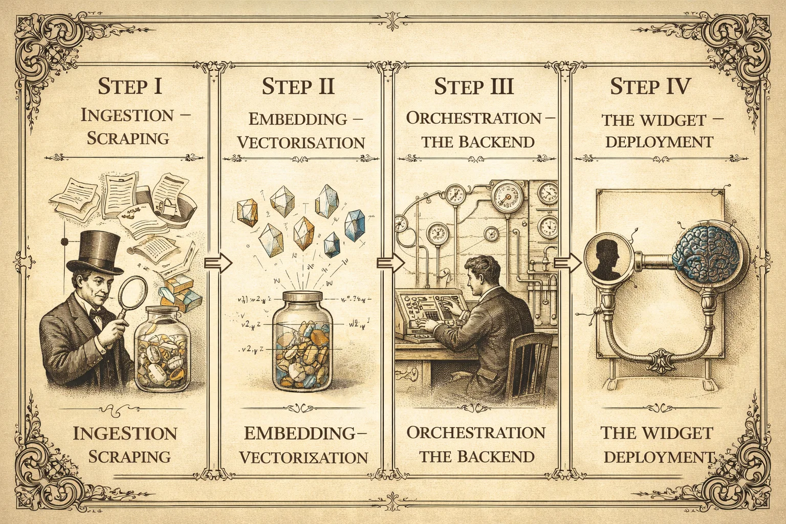 Manuel technique victorien montrant le processus d'implémentation en quatre étapes d'un agent IA