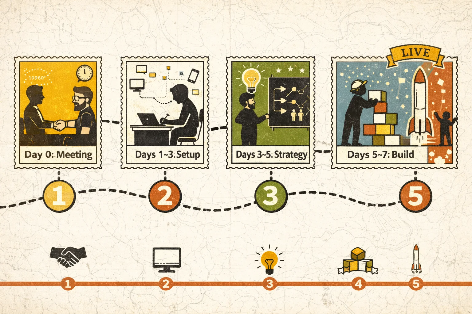 Mappa del percorso ferroviario vintage in 5 vignette che illustra il processo di lancio Meta Ads in 7 giorni, dalla prima chiamata al go-live