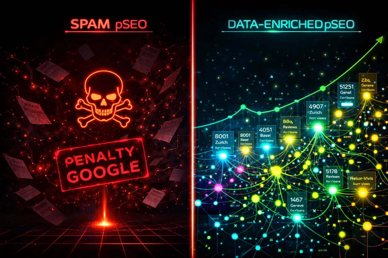 Pannello cyberpunk diviso che mostra il decadimento dello spam pSEO in rosso a sinistra vs nodi pSEO fiorenti in ciano a destra
