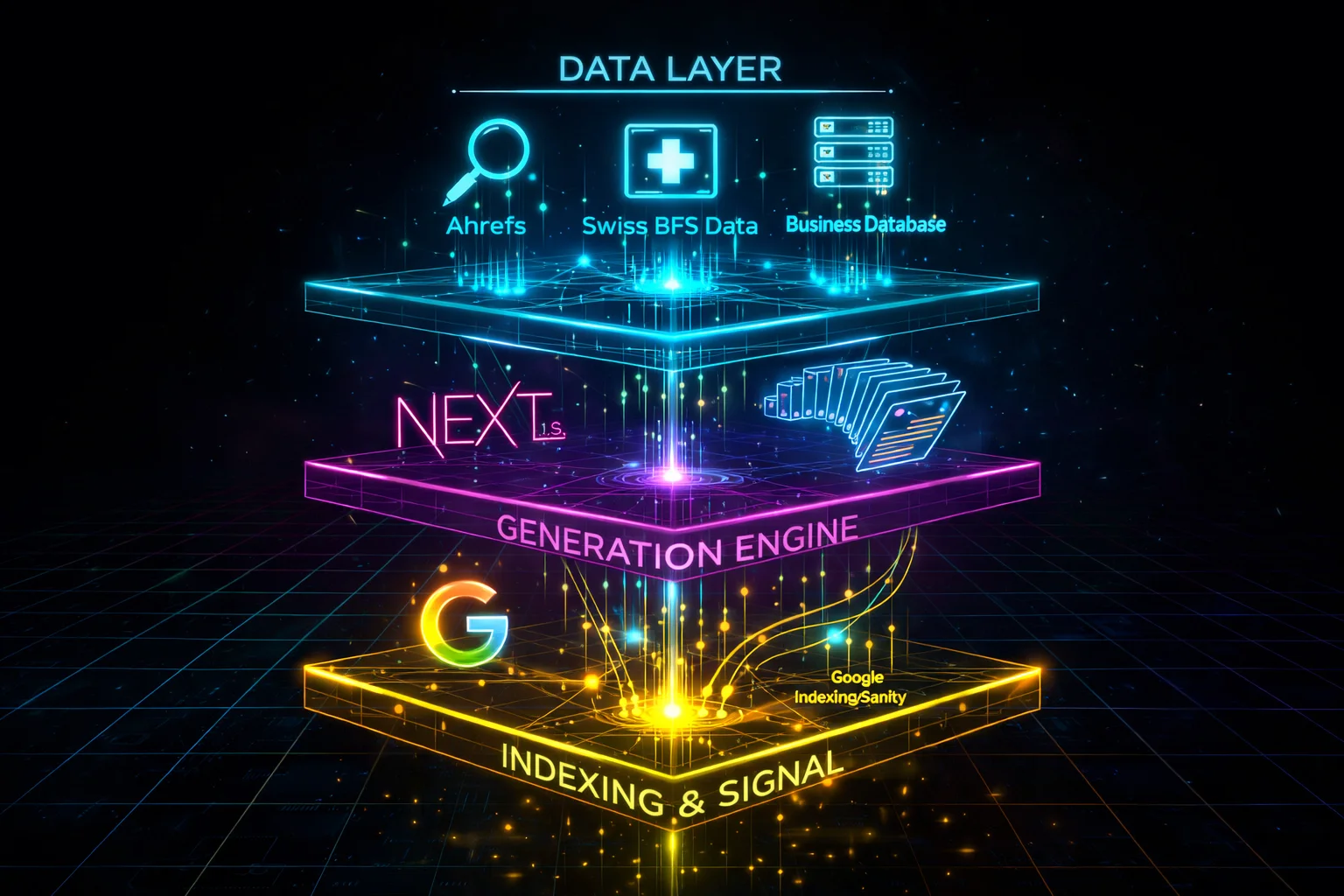 Stack tecnologico cyberpunk olografico con tre livelli: Livello Dati, Motore di Generazione con Next.js e Segnale di Indicizzazione con API Google
