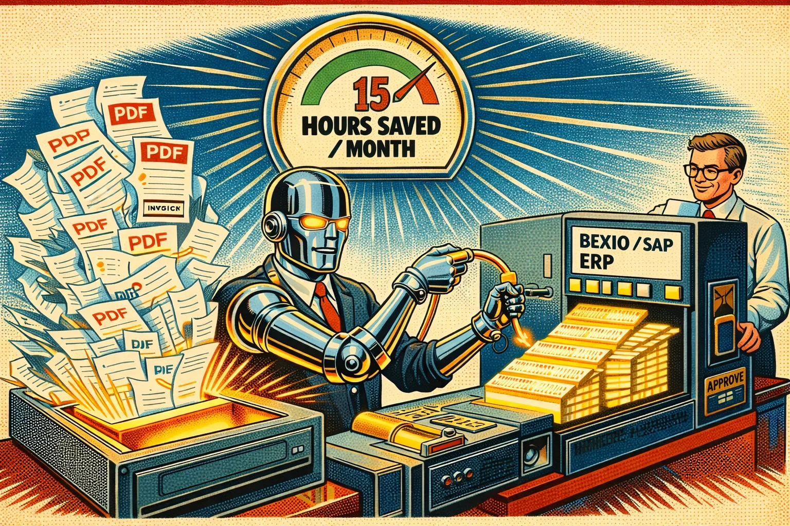 Illustrazione sci-fi retrò di un robot che elabora fatture PDF in un sistema ERP, con un quadrante che mostra 15 ore risparmiate al mese