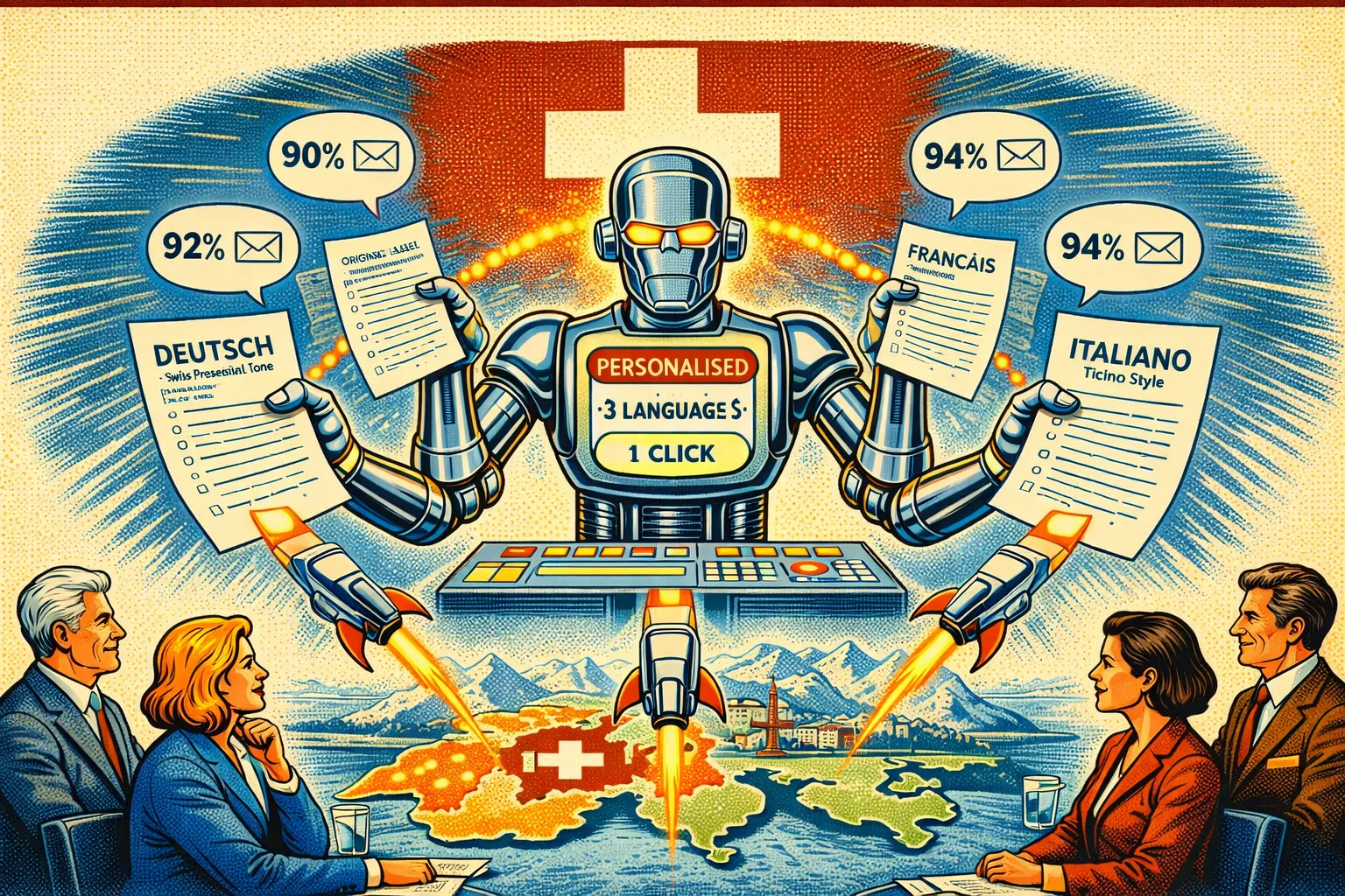 Robot sci-fi retrò che invia contemporaneamente tre lettere svizzere localizzate in tedesco, francese e italiano