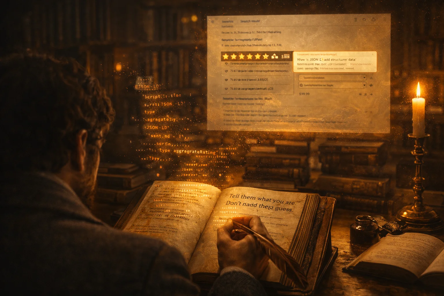 Studioso dark academia che scrive inchiostro invisibile che si trasforma in dati strutturati JSON-LD che salgono verso un risultato di ricerca Google con stelle dorate e rich results