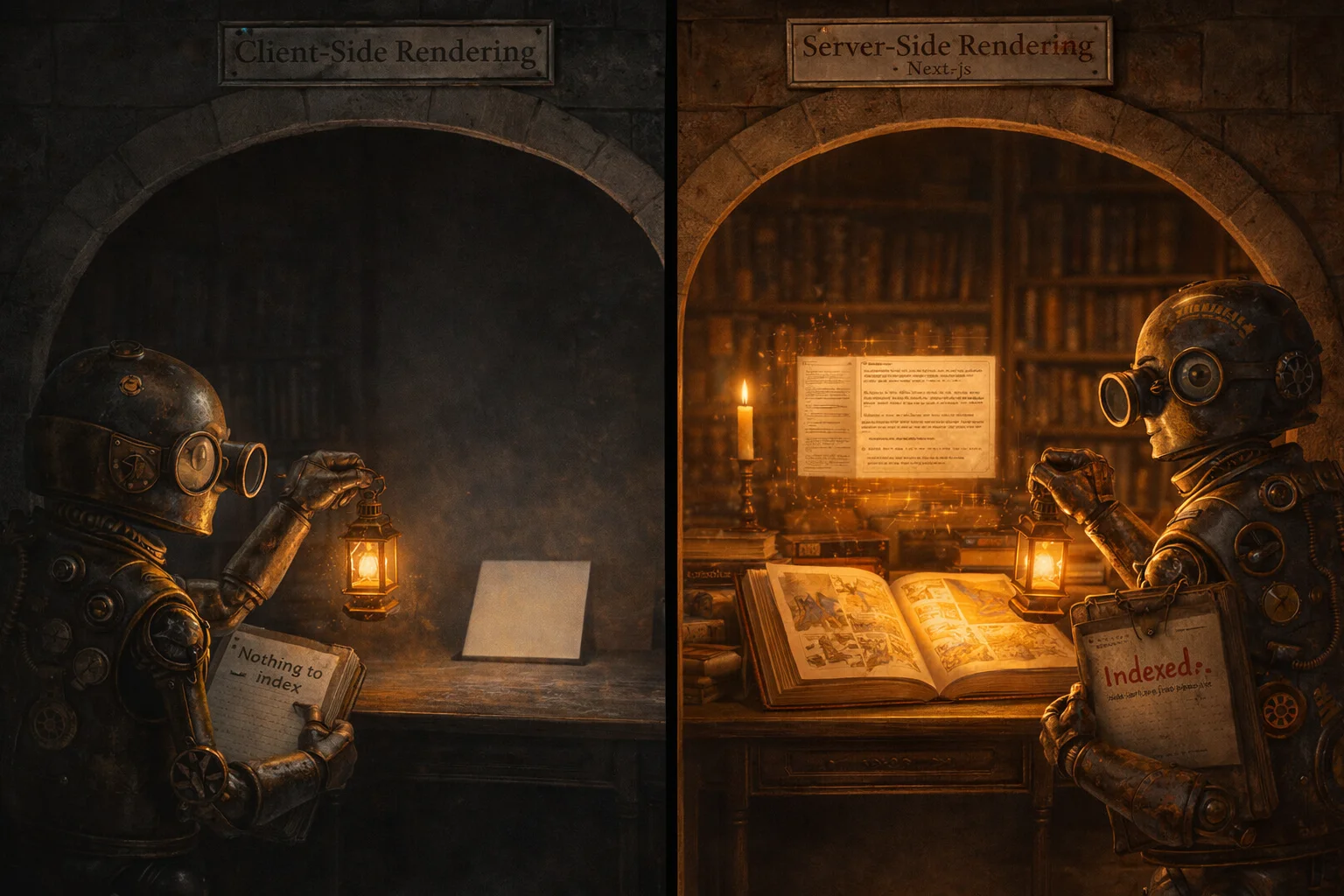 Biblioteca dark academia divisa — automa Googlebot che vede una pagina bianca con il Client-Side Rendering versus contenuto completamente indicizzato con il Server-Side Rendering Next.js