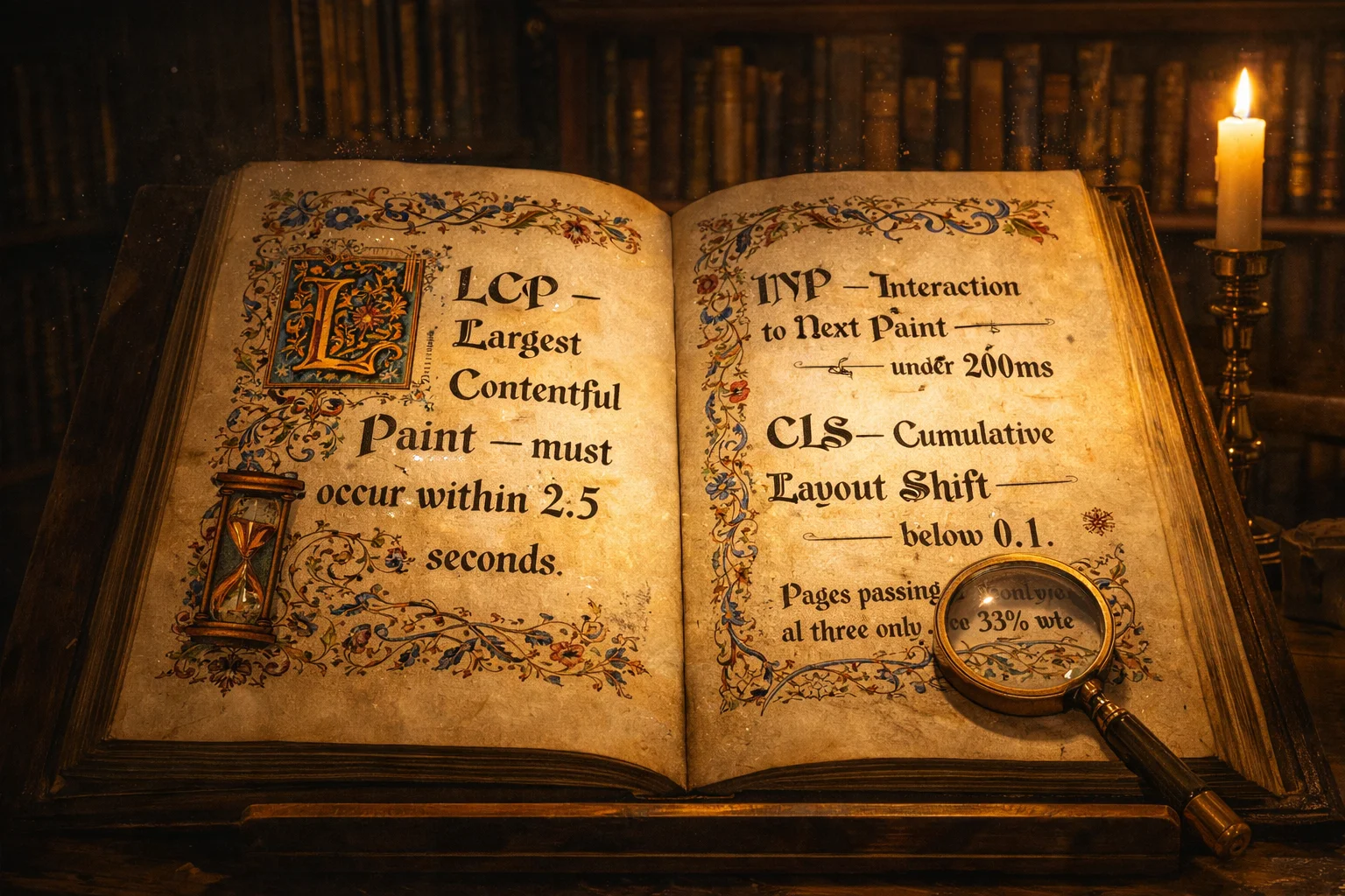 Manoscritto miniato dark academia che mostra i Core Web Vitals di Google — LCP, INP e CLS — scritti in ornata calligrafia gotica come scritture tecniche sacre